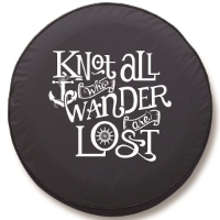 Knot All Who Wander Tire Cover on Black Vinyl